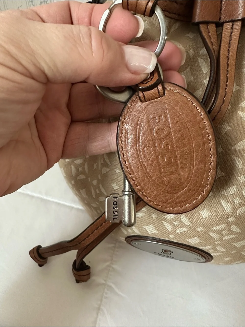 Fossil Beige Patterned Drawstring Bucket Bag with Brown Trim - Picture 5 of 16